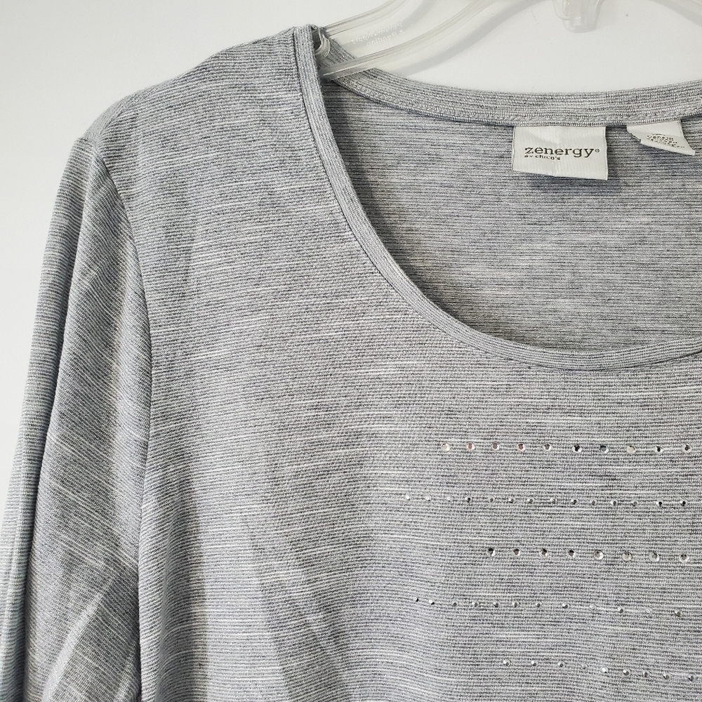 ZENERGY Chicos Gray Sparkle Rhinestone Metallic Top Blouse Womens 2 Large FLAW - Picture 2 of 15